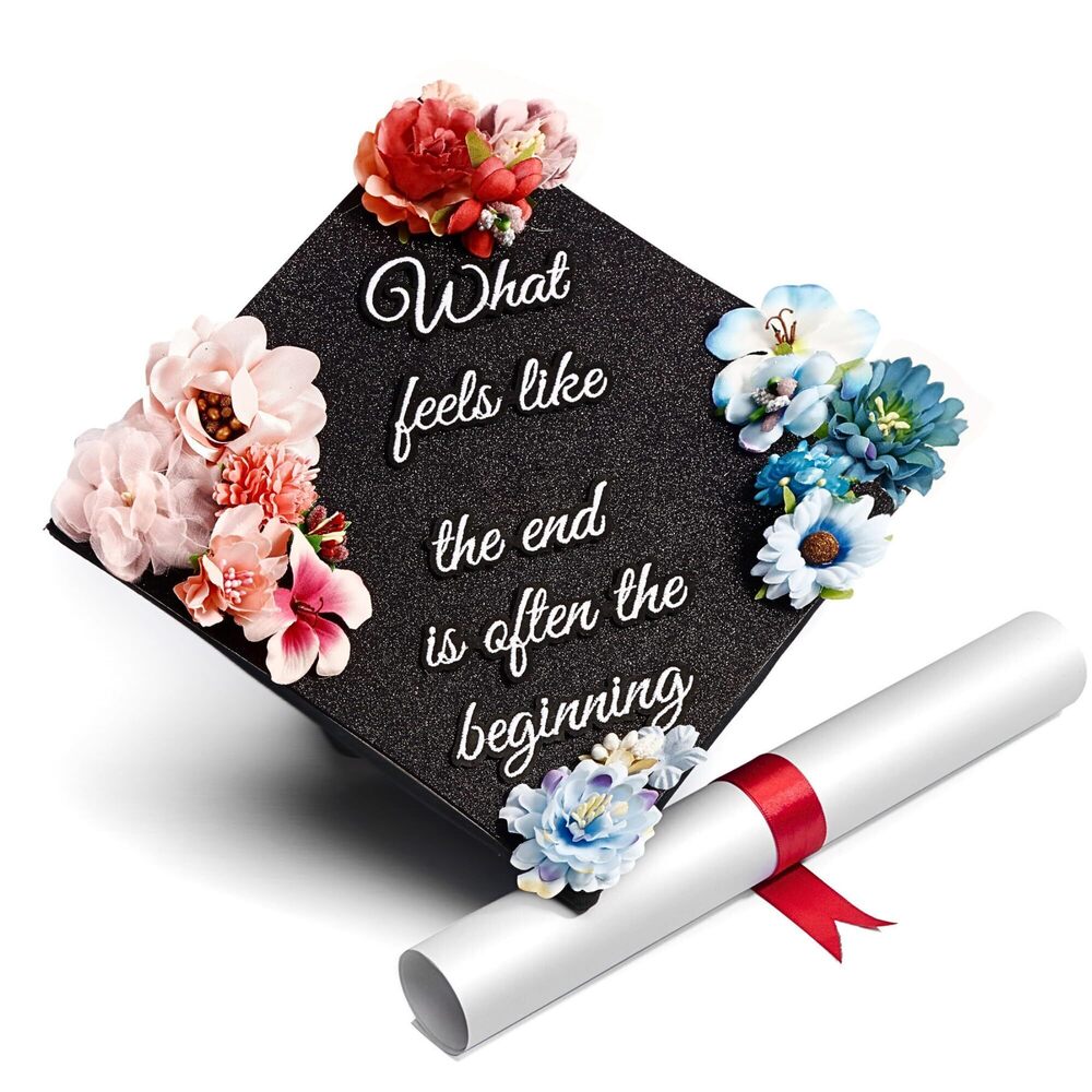 2694 Black Glitter Graduation Cap Topper with Flowers, Graduation